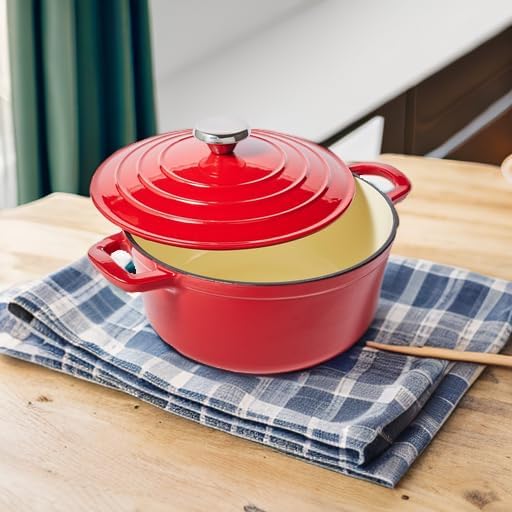 Sur la table Enameled Cast Iron Round Dutch Oven, 4 qt. , Red